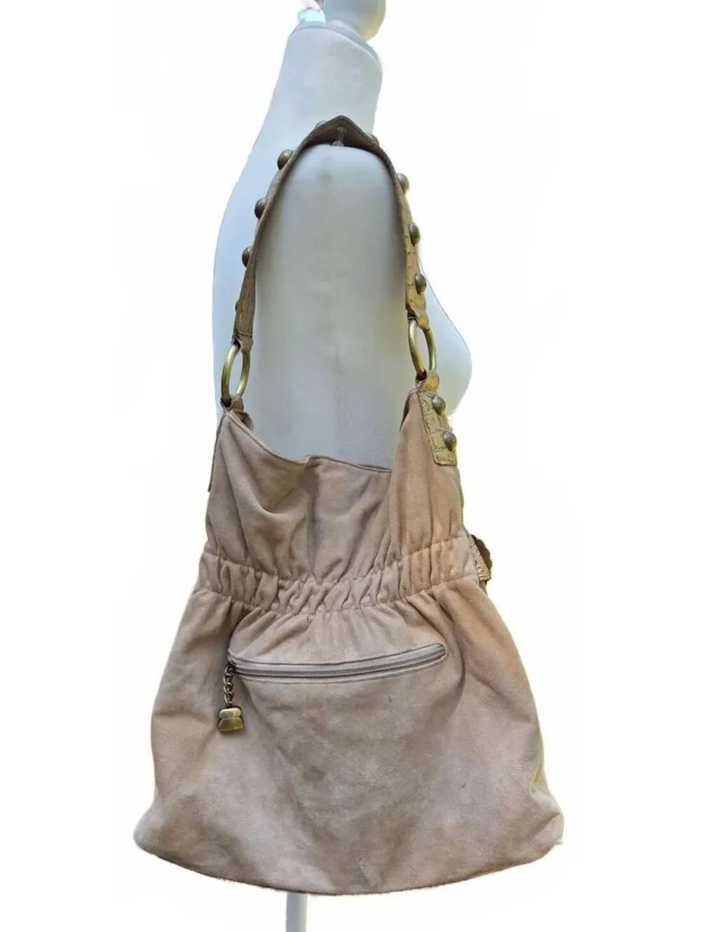Vintage Kathy Van Zeeland Tan Faux Suede Concho Belt Studded Hobo Shoulder Bag